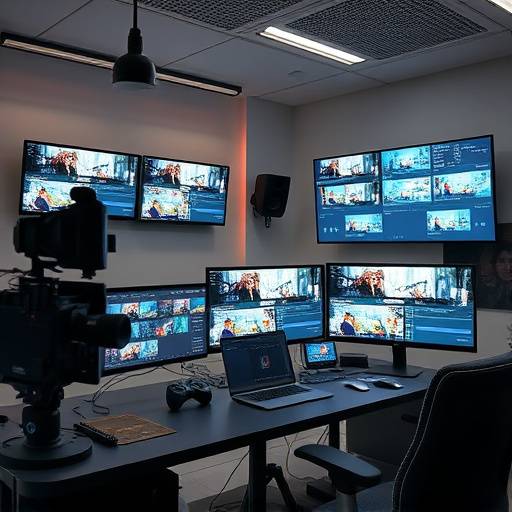 Una sala de edición con mültiples monitores mostrando diferentes tomas de video y gráficos.